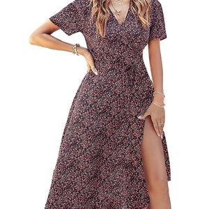 Summer Wrap Maxi Dress Casual Boho Floral V Neck Short Sleeve Ruffle Hem Split